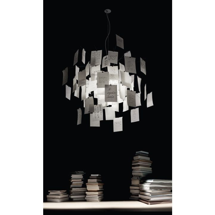 Zettel'z 5 Hängeleuchte von Ingo Maurer, mit 31 bedruckten und 49 unbedruckten Blättern in DIN A5, individuell gestaltbar, warmes, diffuses Licht, japanisches Papier. Zettel'z 5 Hängeleuchte von Ingo Maurer, mit 31 bedruckten und 49 unbedruckten Blättern in DIN A5, individuell gestaltbar, warmes, diffuses Licht, japanisches Papier.
