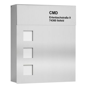 CMD Briefkasten mit Fenster und Gravur;  Edelstahl 32x38,5x10cm 96/Gravur